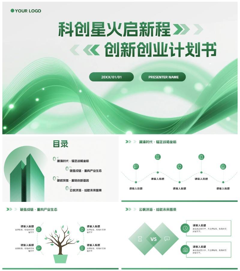 绿色科技风流体创新创业计划书PPT模板