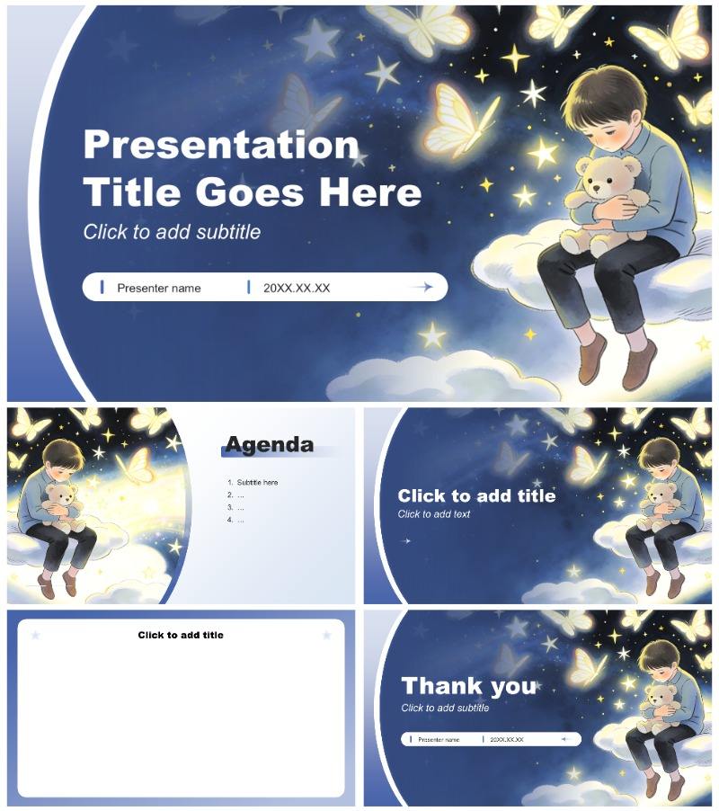 蓝色手绘插画风世界自闭症日科普教育PPT主题模板