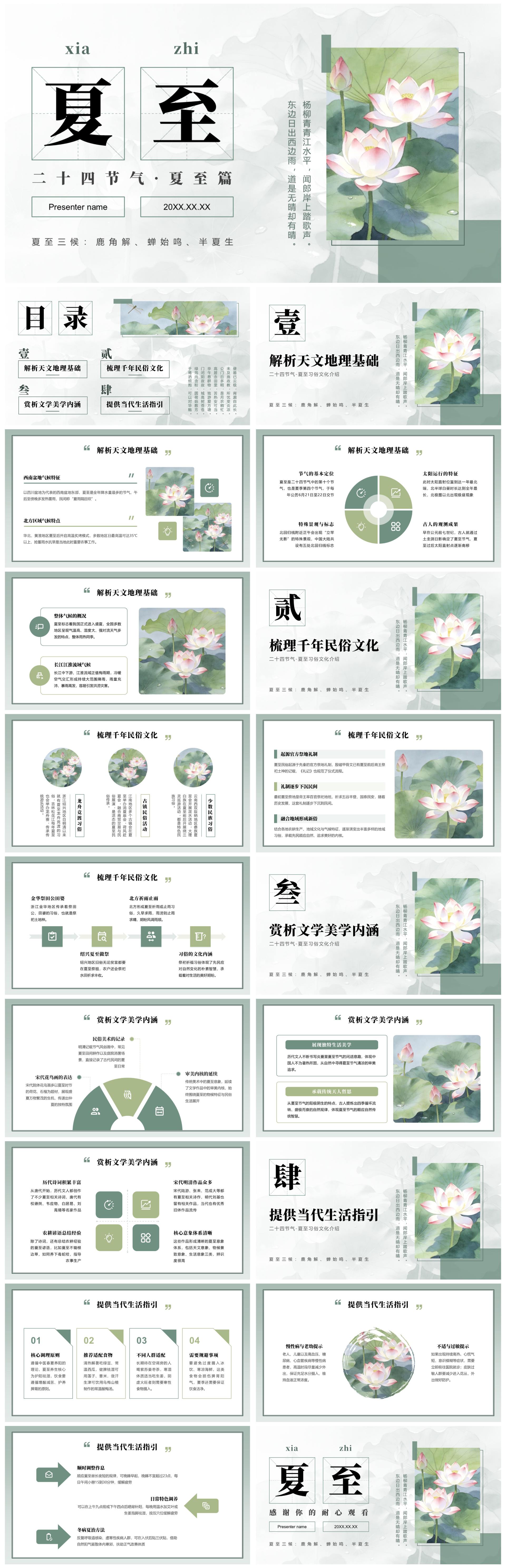 绿色中国风二十四节气夏至习俗文化科普介绍PPT模板