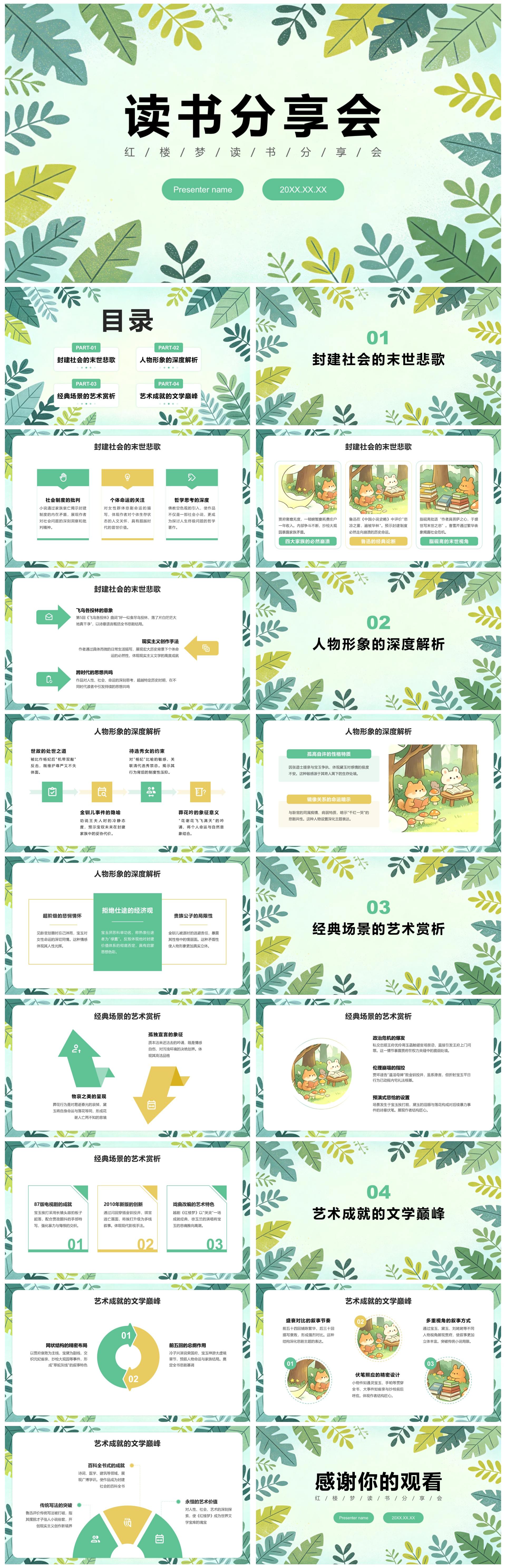 黄绿色小清新风红楼梦读书笔记名著分享PPT模板