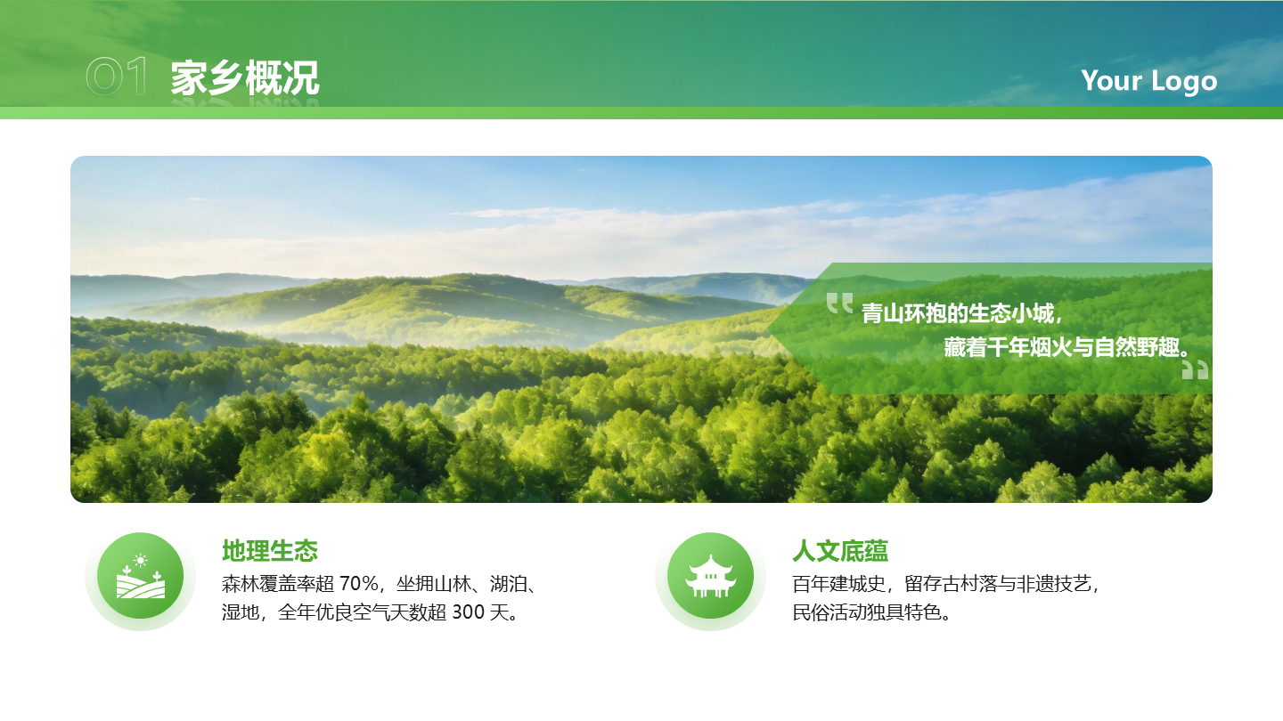 绿色实景简约家乡印象特色图文宣传PPT单页