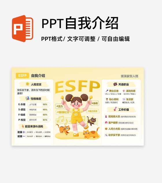黄色活力卡通创意MBTI自我介绍PPT单页