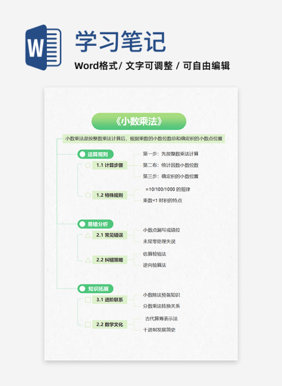 学习笔记-《小数乘法》绿色渐变word模板