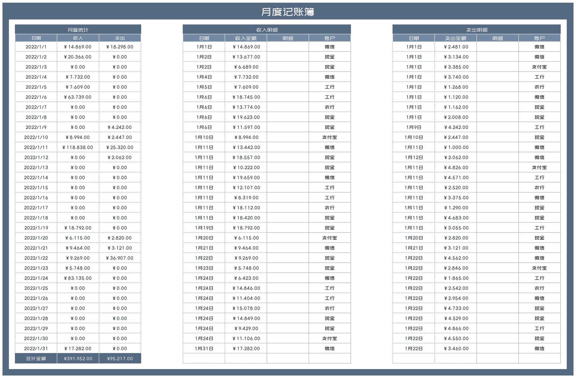 简约灰色月度账户收支记账明细簿Excel模板