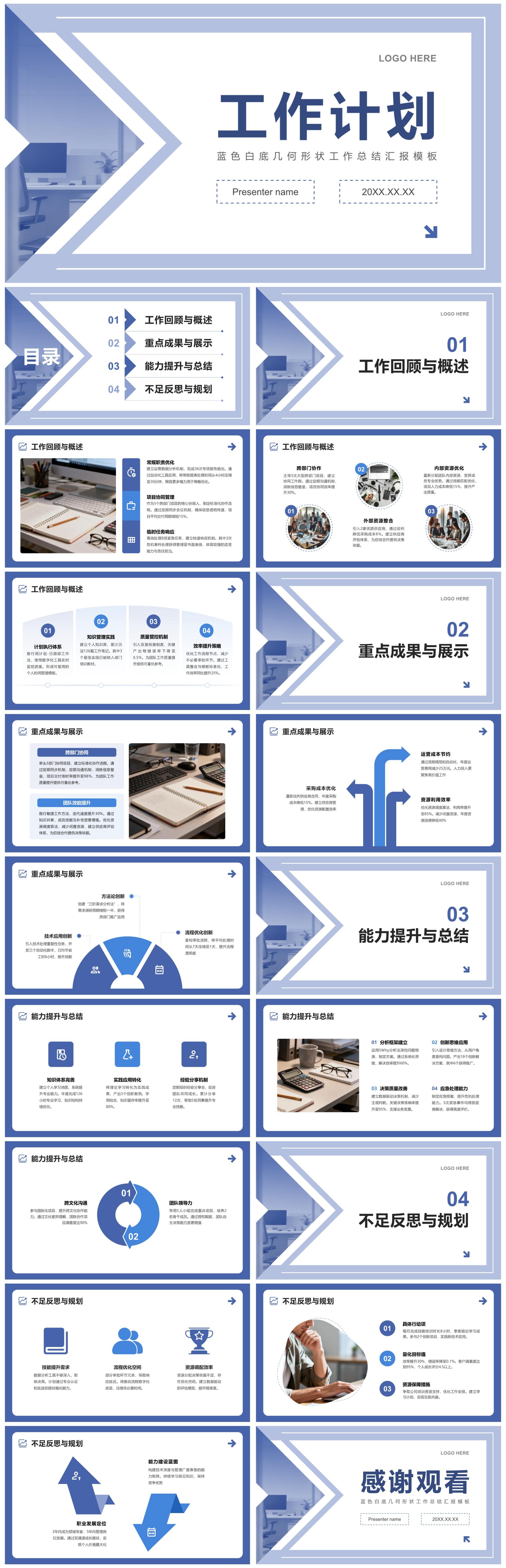 蓝色白底几何形状工作计划总结汇报PPT模板