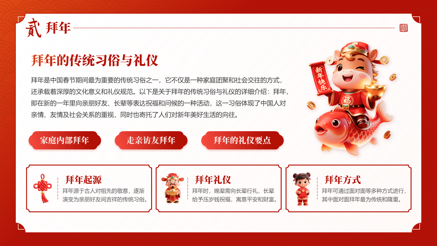 红色国风卡通三维春节习俗拜年传统文化PPT单页