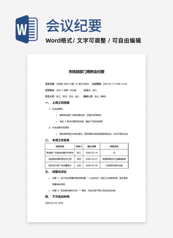 部门周例会通用会议纪要模板