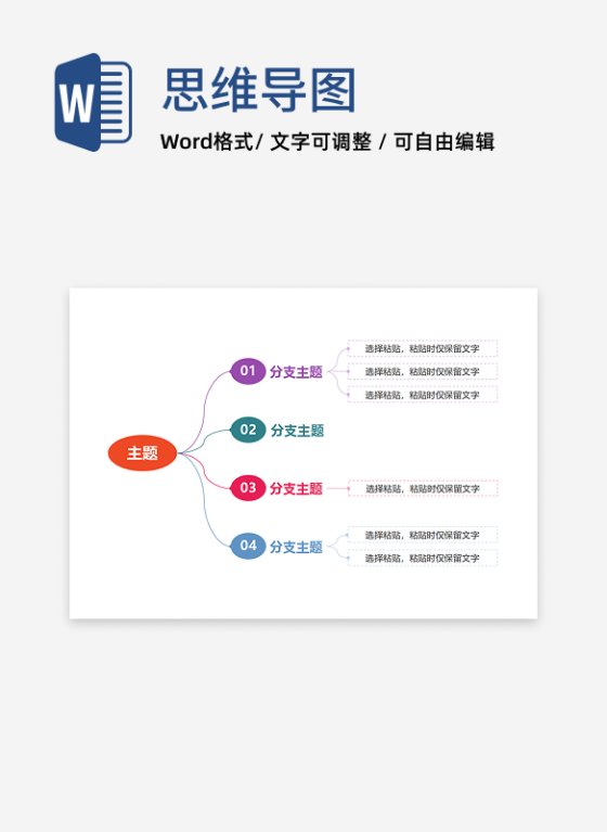 思维导图-彩色椭圆简约横板思维导图word模板