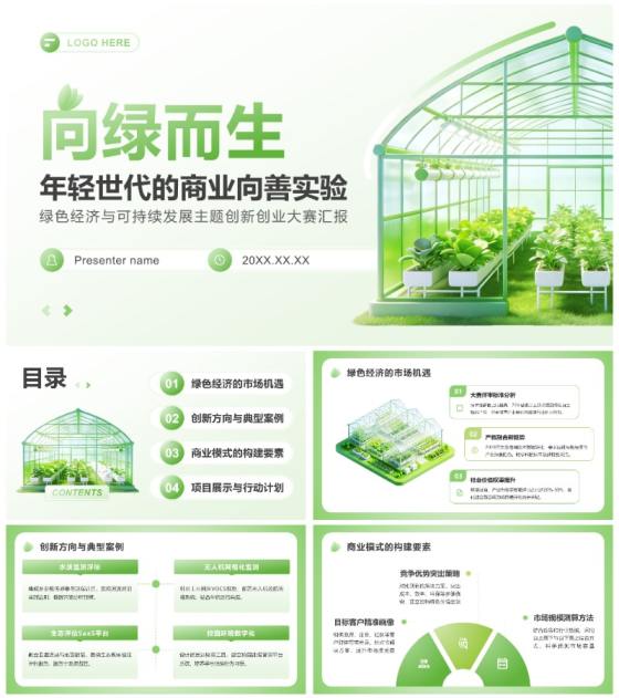 绿色简约风绿色经济主题创新创业大赛汇报PPT模板