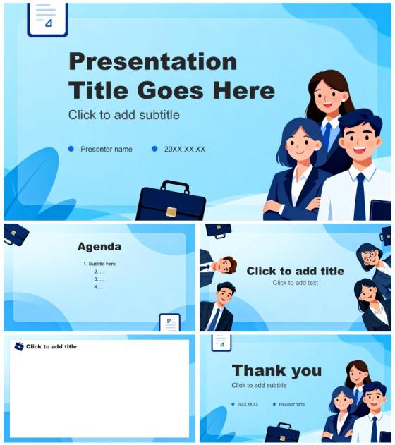 蓝色扁平插画风公司团队介绍入职培训PPT主题模板