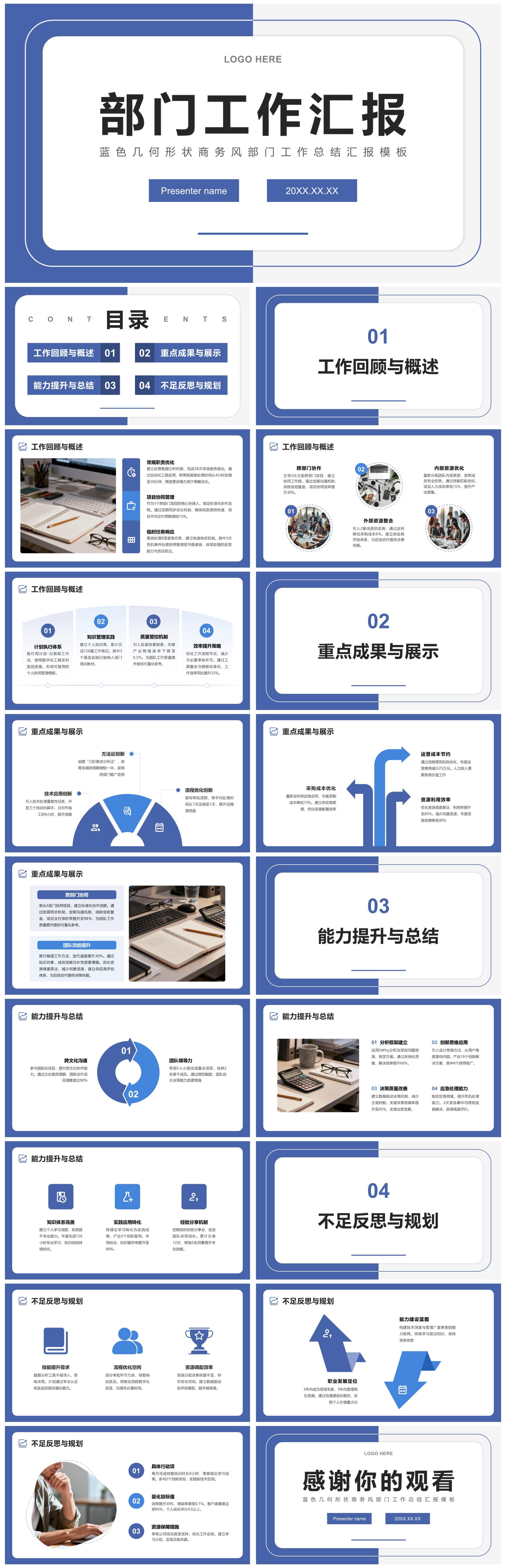 蓝色几何形状商务风部门工作总结汇报PPT模板