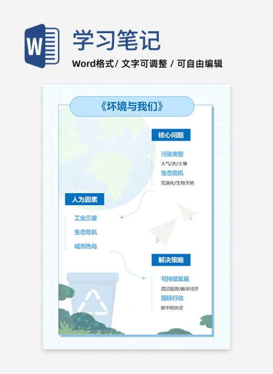 学习笔记-《环境与我们》蓝色word模板