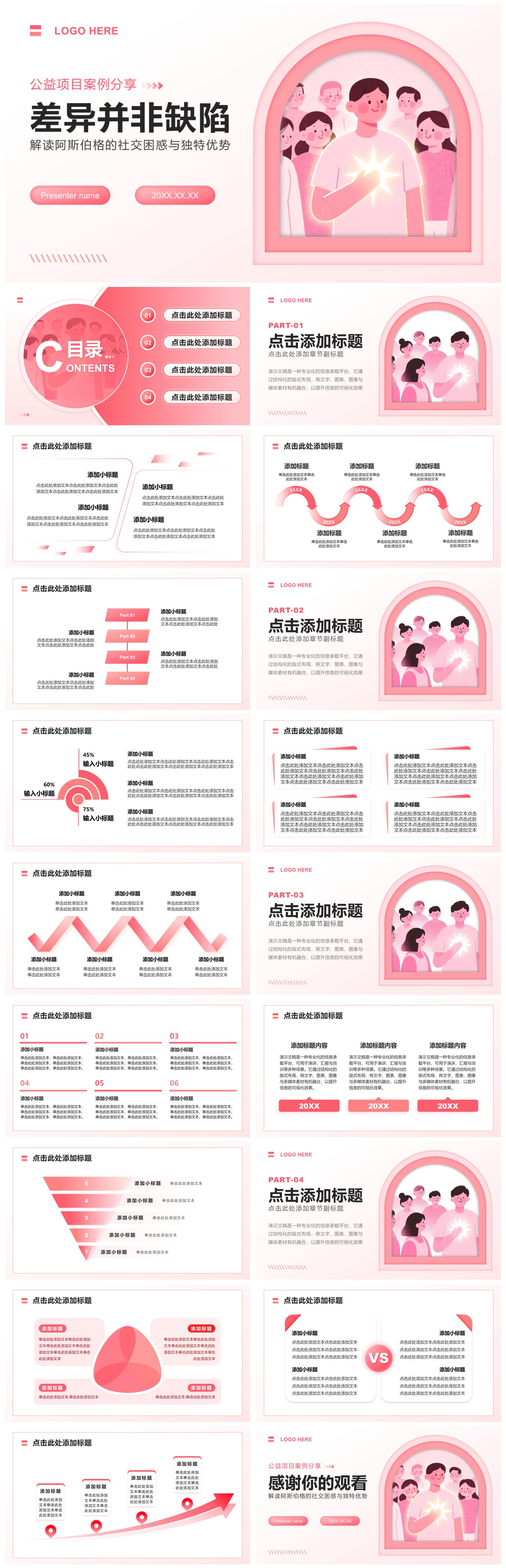 粉色简约风阿斯伯格专题公益项目案例分享PPT模板