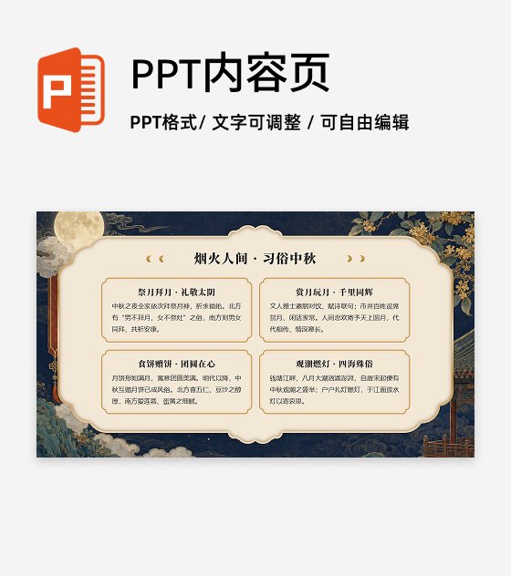 黄色鎏金国风中秋节传统文化介绍矩阵PPT单页