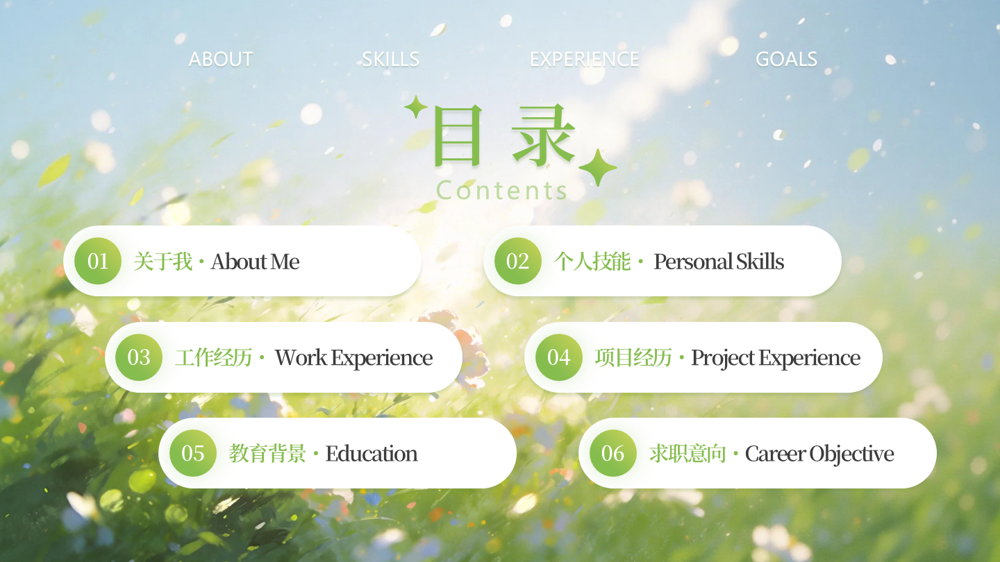 目录页-绿色创意油画文件个人简历述职PPT单页