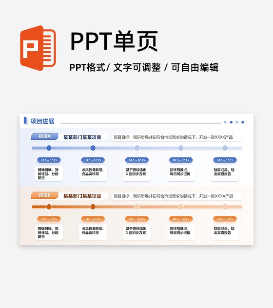 蓝橙色商务风项目进展流程PPT单页