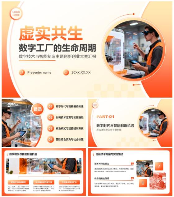 橙色商务风数字智能主题创新创业大赛汇报PPT模板
