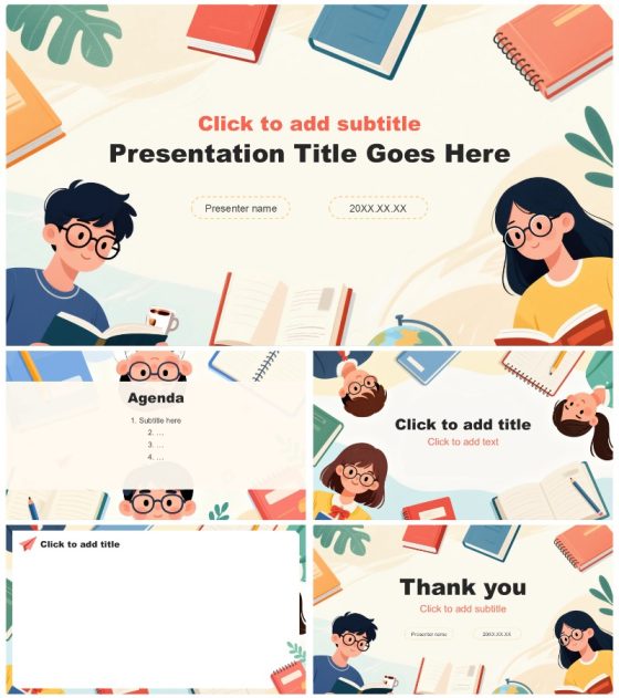 红黄色扁平卡通插画风大学生班委竞选PPT主题模板