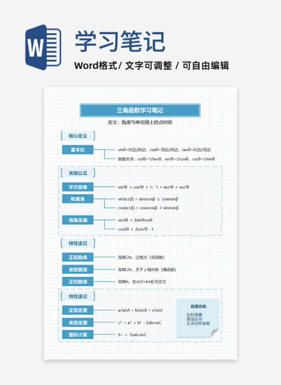 学习笔记-三角函数蓝色简约竖版word模板