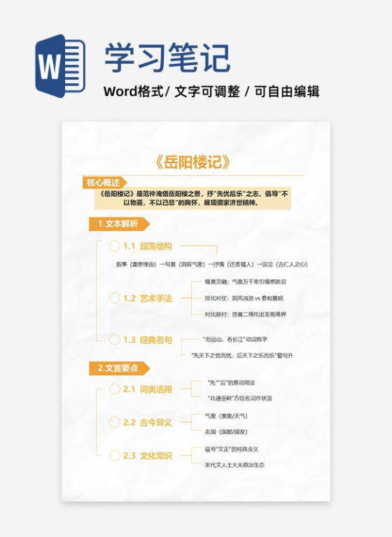 学习笔记-《岳阳楼记》橙色竖版word模板