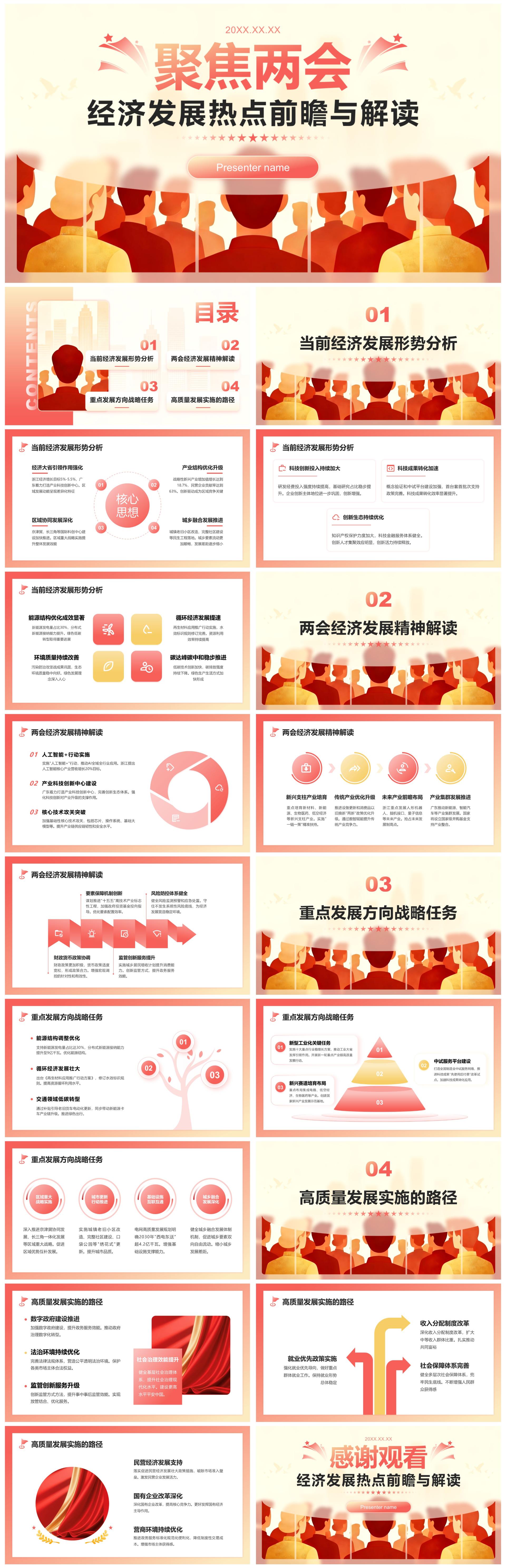 红色简约风全国两会经济发展解读分析PPT模板