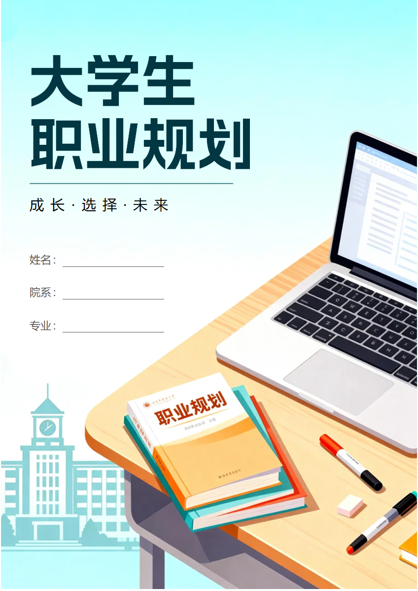 蓝色扁平插画风大学生职业规划指南书