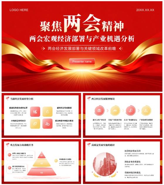 红色党政风聚焦两会经济发展专题解读分析PPT模板