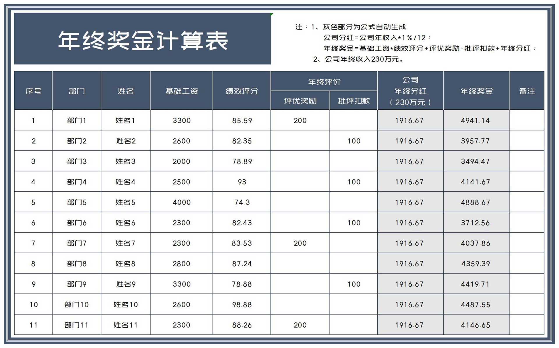 商务风灰色公司年终奖金计算表Excel模板