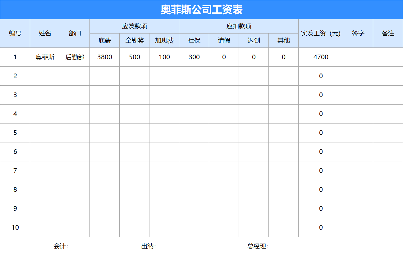 蓝色公司员工工资表