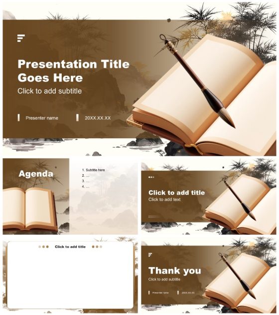 棕色3D插画风水浒传读书笔记作业汇报PPT主题模板