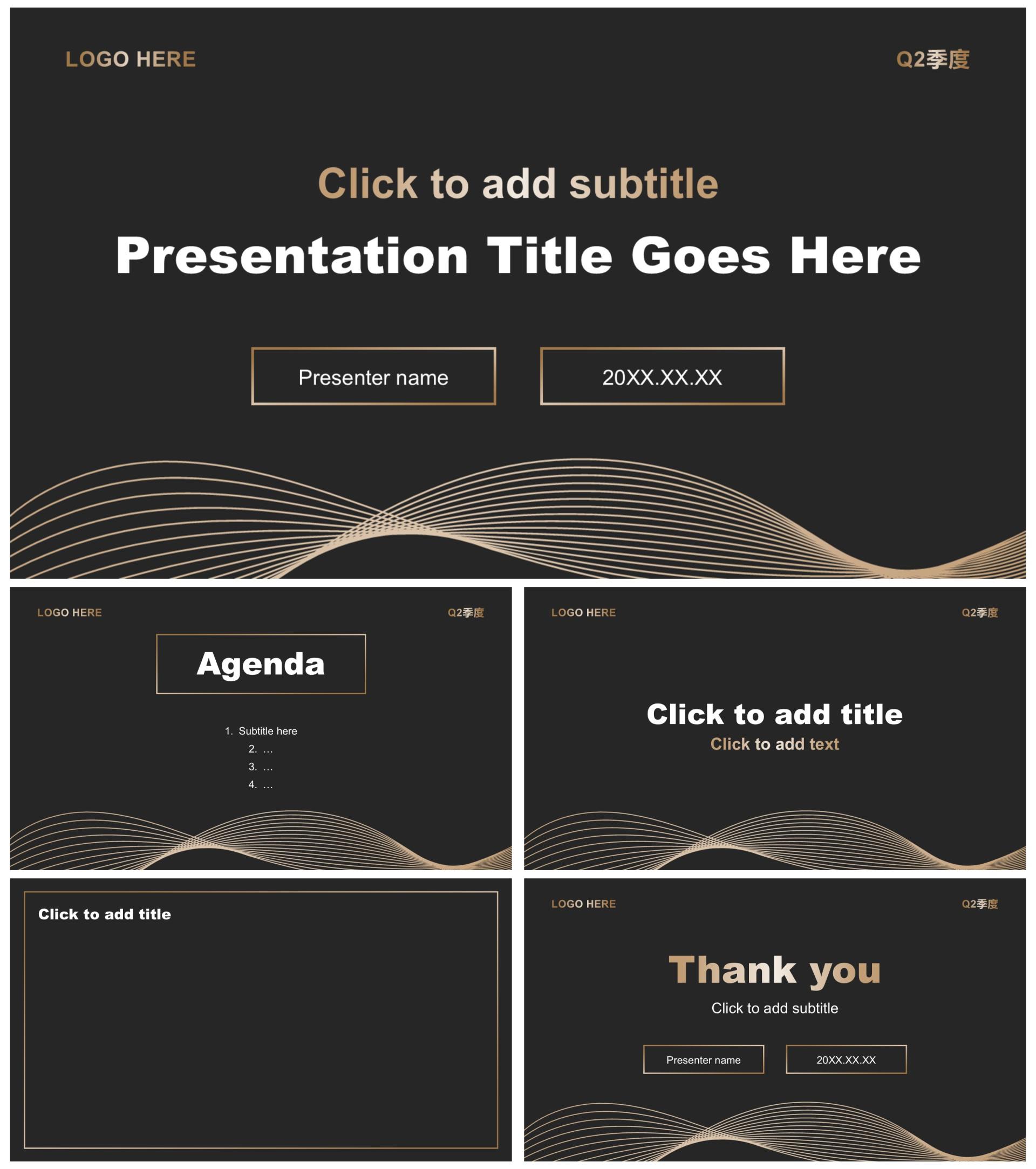 黑金商务风Q2季度复盘总结汇报PPT主题模板