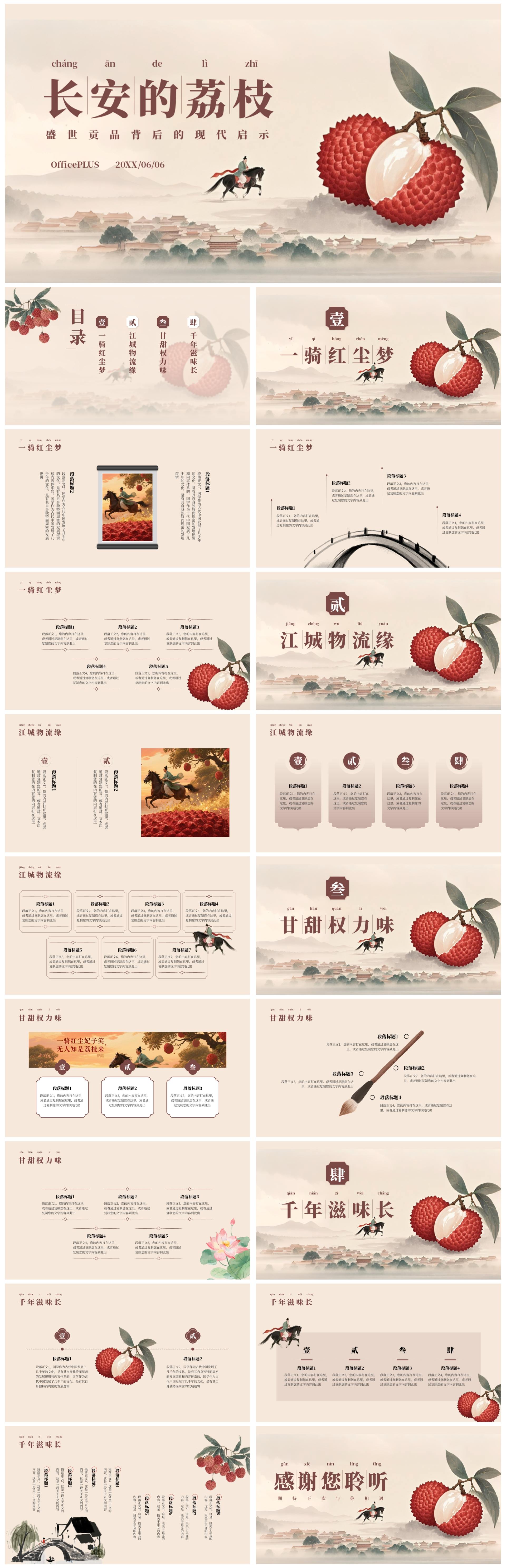 中国风工笔画《长安的荔枝》读书分享PPT模板