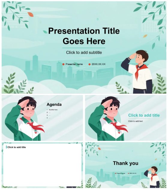 绿色清新手绘插画风校园团支书竞选PPT主题模板