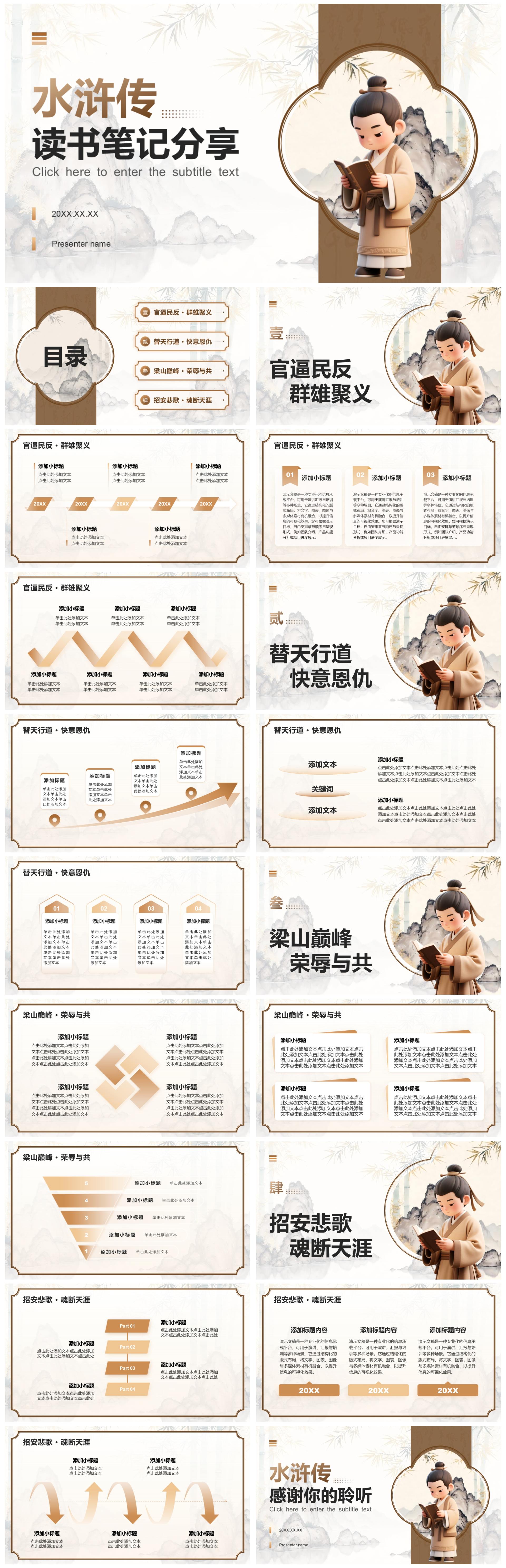 棕色中国风水浒传主题读书笔记分享PPT模板