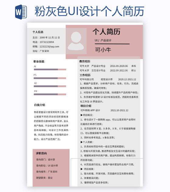 粉灰色UI设计个人简历word模板