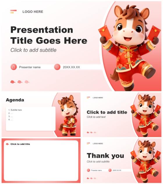 红色3D风马年春节礼仪文化班会PPT主题模板