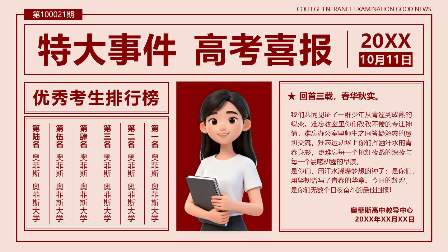 红色简约复古报纸高考喜报PPT单页