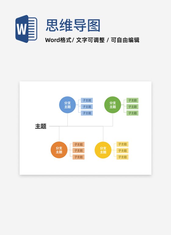 思维导图 - 四色圆形层级思维导图word模板