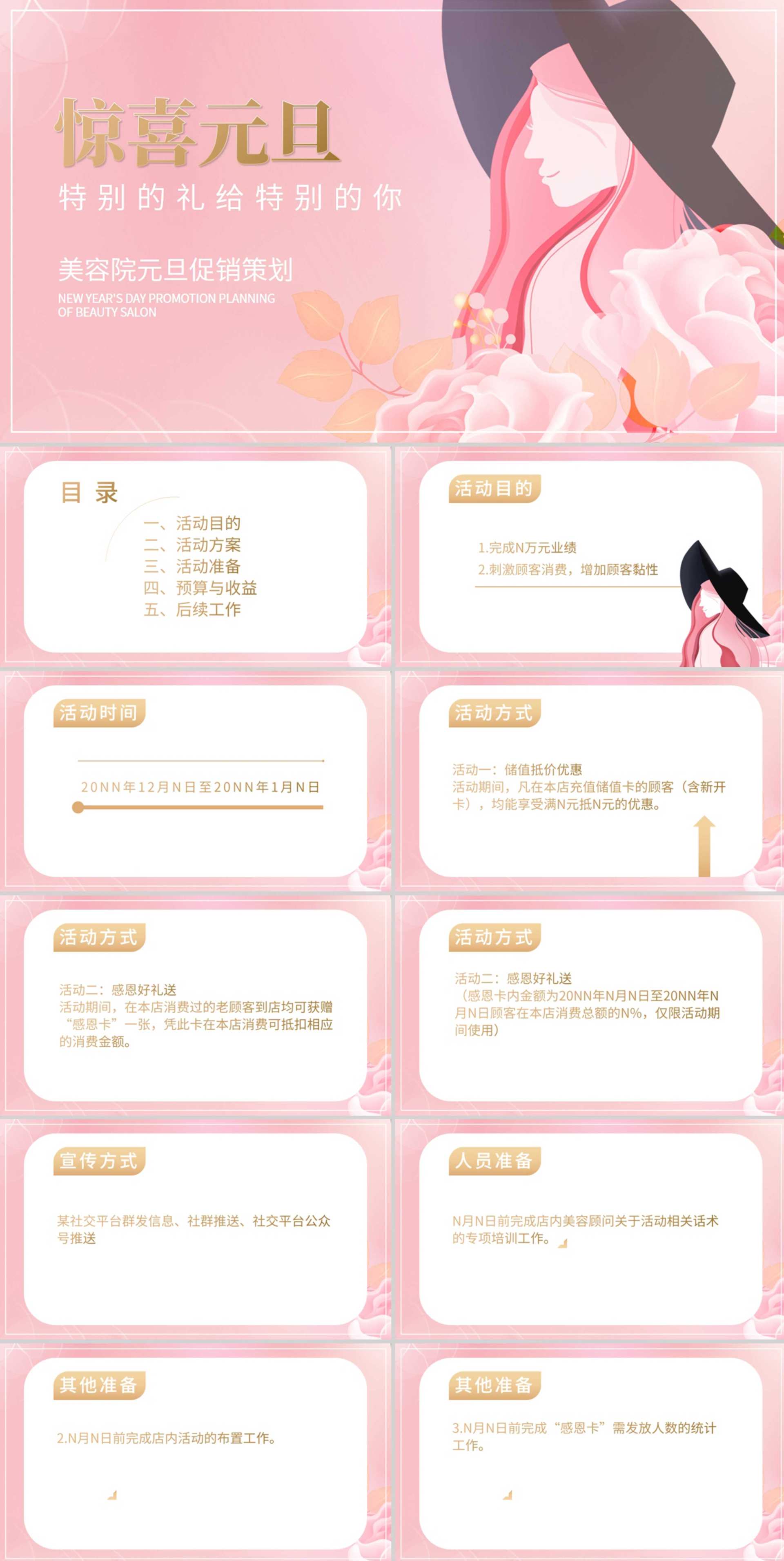 粉色小清新唯美美容院元旦促销策划PPT模板