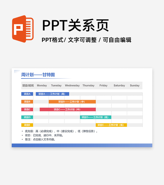 蓝色简约周计划甘特图PPT单页