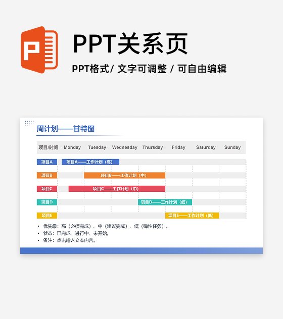 蓝色简约周计划甘特图PPT单页