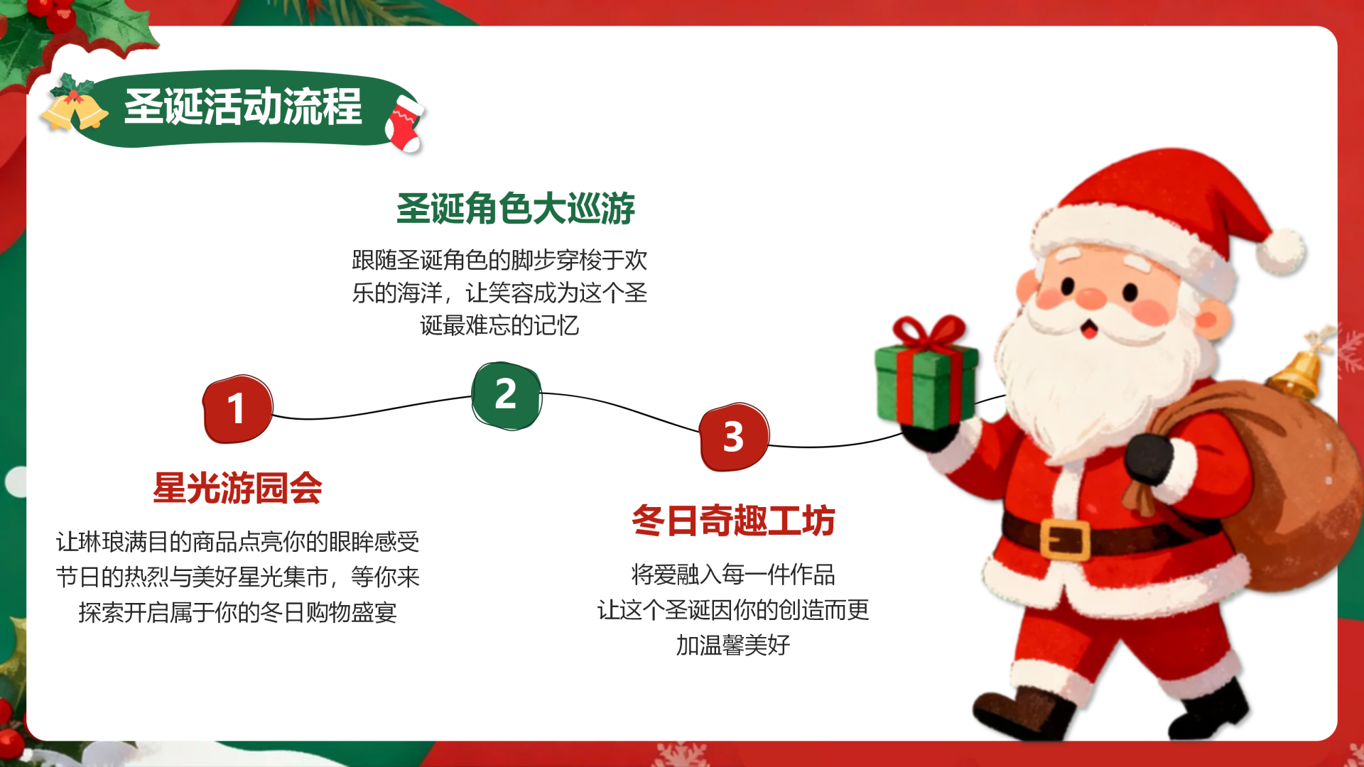 红绿色可爱卡通风圣诞节活动流程活动策划PPT单页