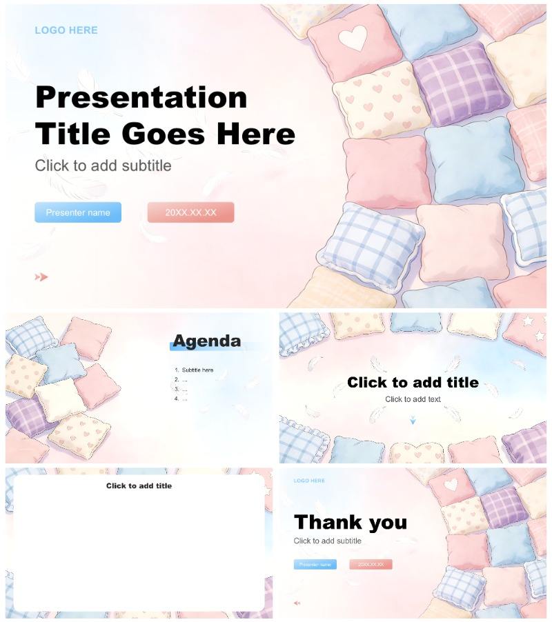 蓝粉小清新风国际枕头大战日活动策划PPT主题模板
