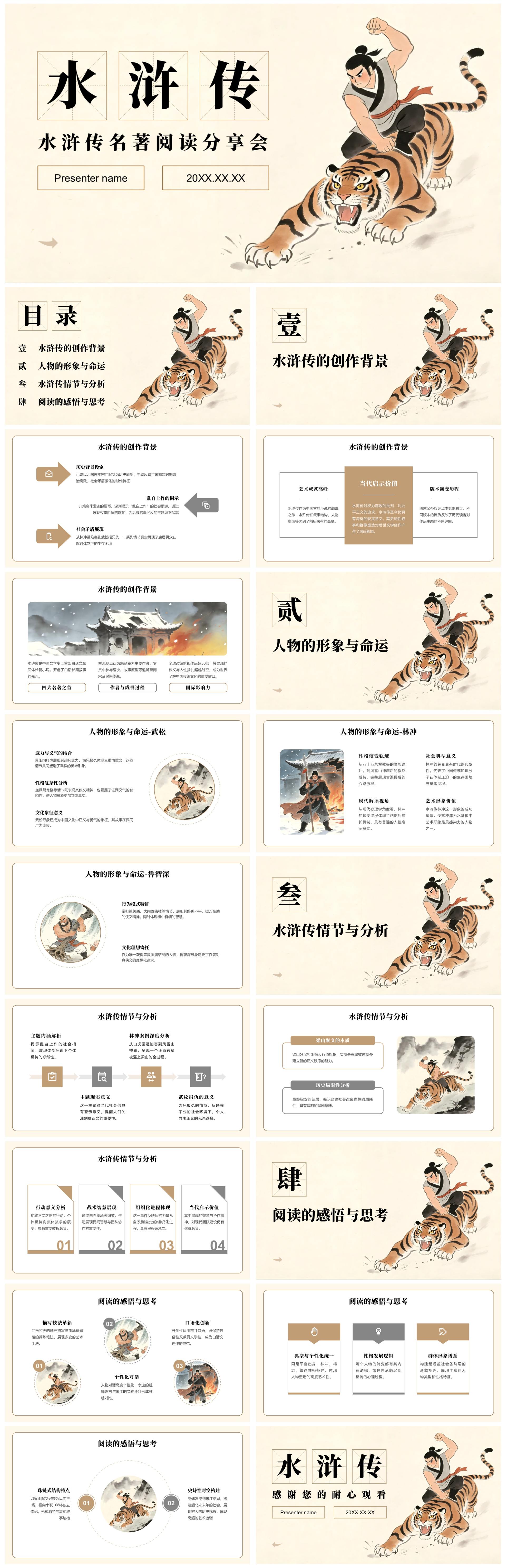 黄色简约复古风水浒传名著分享读书笔记PPT模板