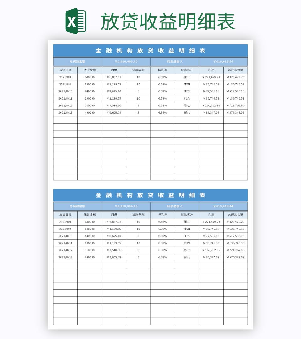 放贷收益明细表excel模板