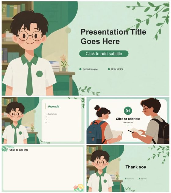 绿色清新手绘卡通风校园学生会纳新PPT主题模板