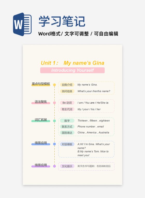 学习笔记-初中英语彩色简约竖版word模板