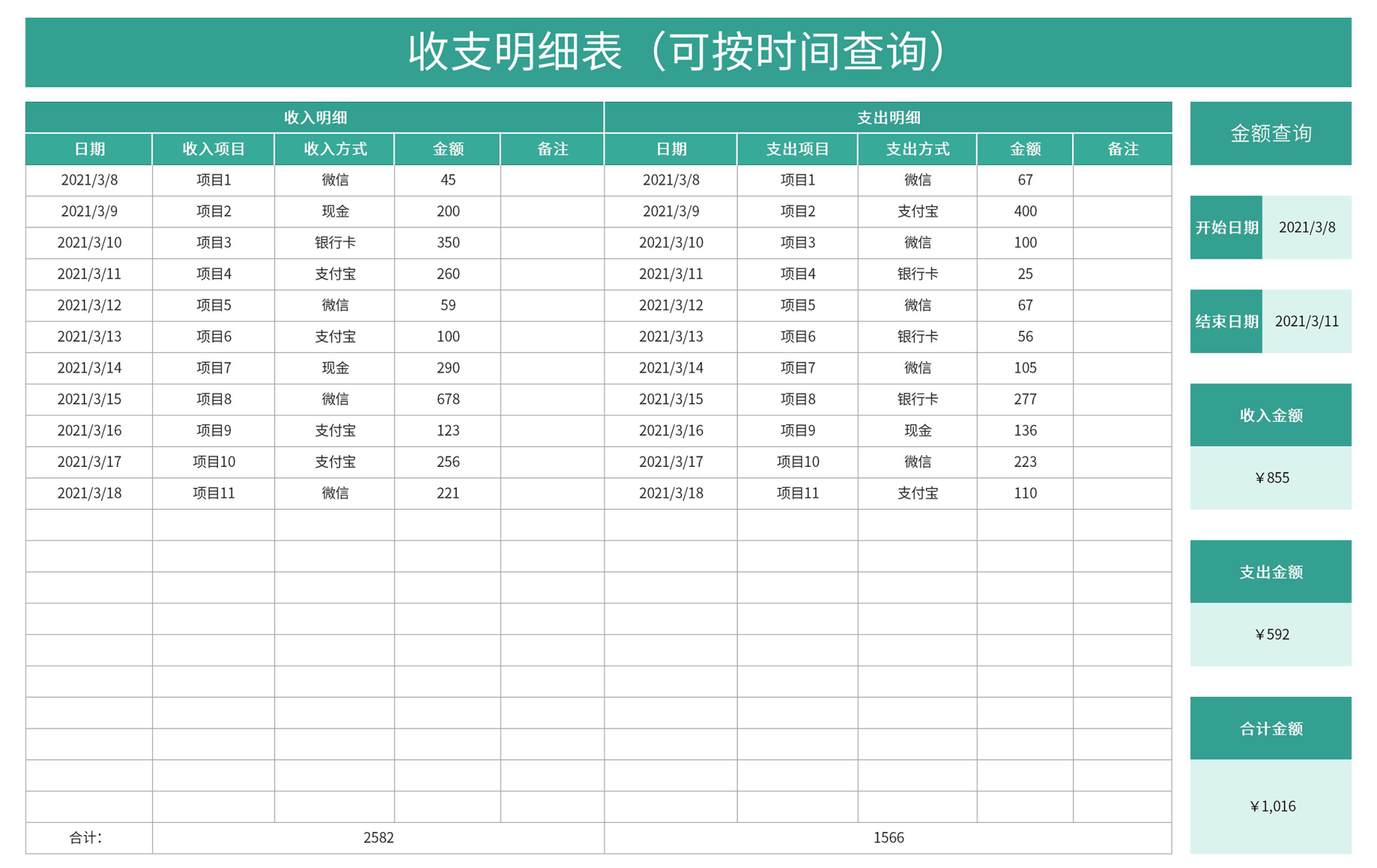 收支明细表excel模板