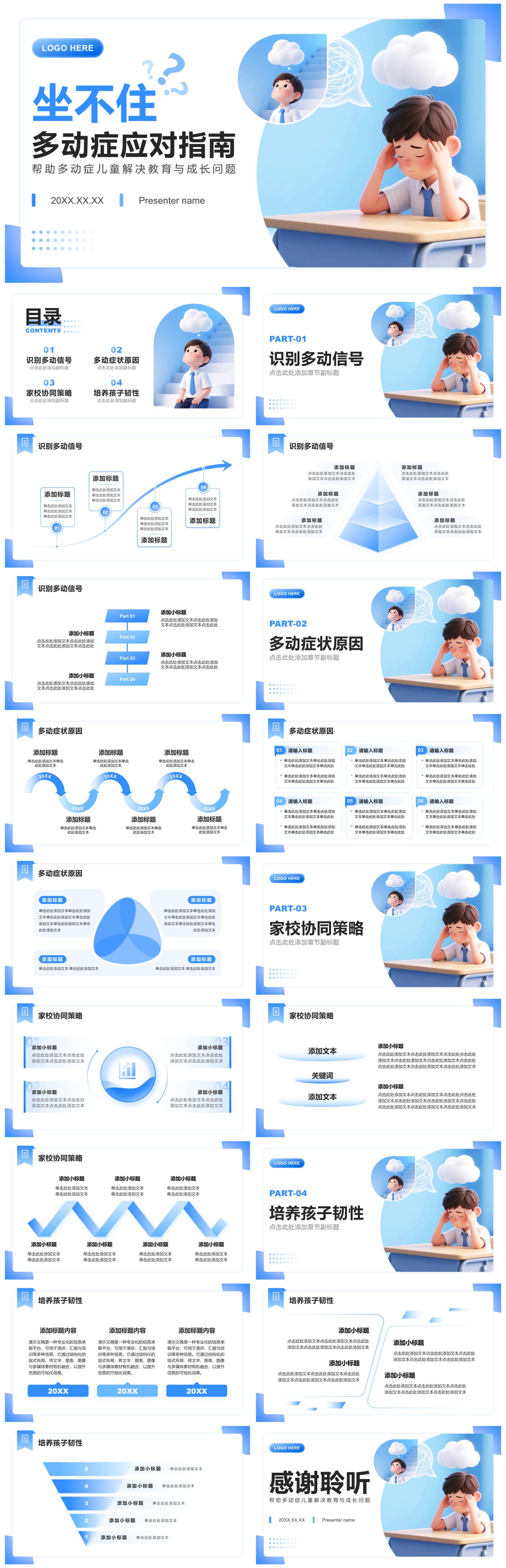 蓝色3D卡通风多动症知识科普案例分享PPT模板