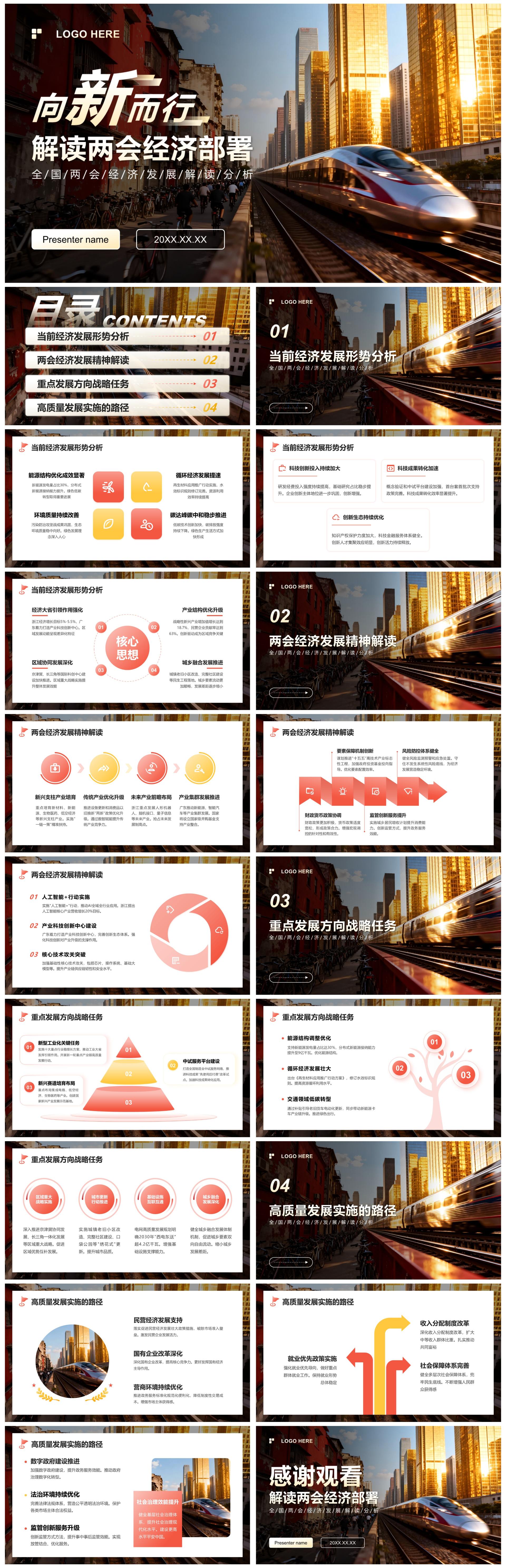 红黄色商务风两会经济发展深度解读PPT模板